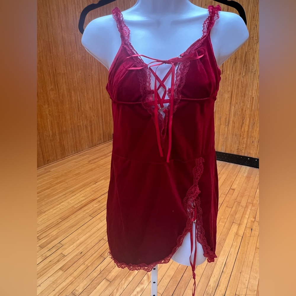 Velvet Texture Crimson Red Lace Chemise Nightgown Lingerie